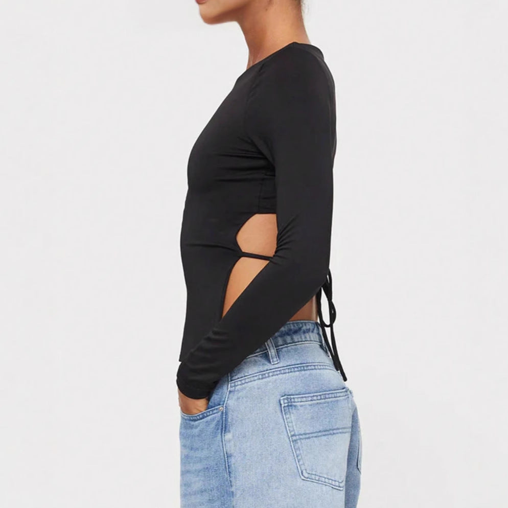 Damen kurzes Wickel-Crop-Top mit Rückenschnürung und langen Ärmeln – Avérine