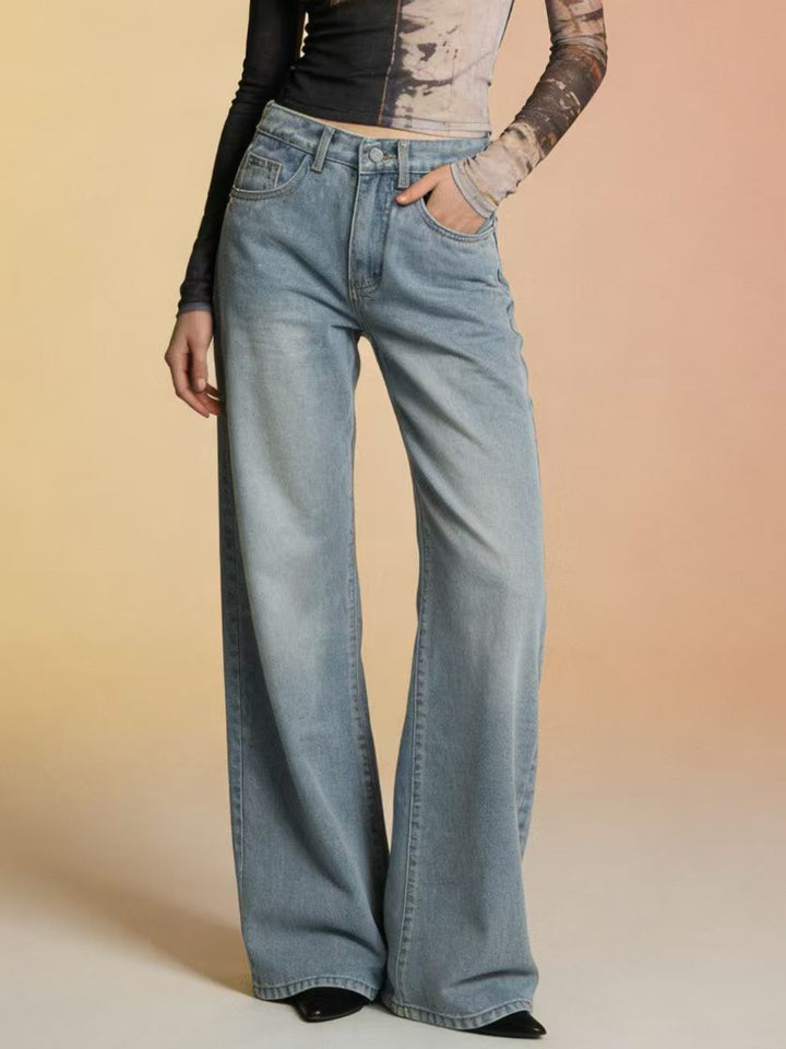 Damen weite Denim-Hose mit Vintage-Waschung und hoch geschnittenem Bund Echo Archiv
