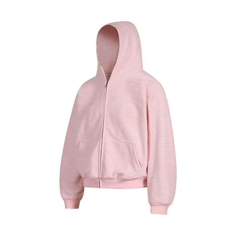 Damen Kurz geschnittene Kapuzen-Sweatjacke mit kurzem Bund, Streifenstruktur und Reißverschluss Echoarchiv