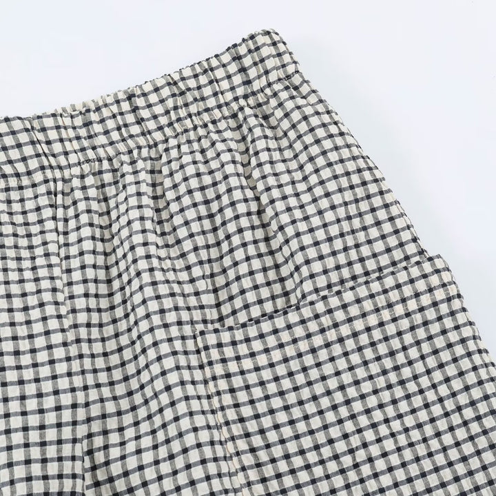 Damen Leichte karierte Seersucker-Hose mit Gummibund, aufgesetzten Taschen und schmal zulaufendem Bein Echo Archiv