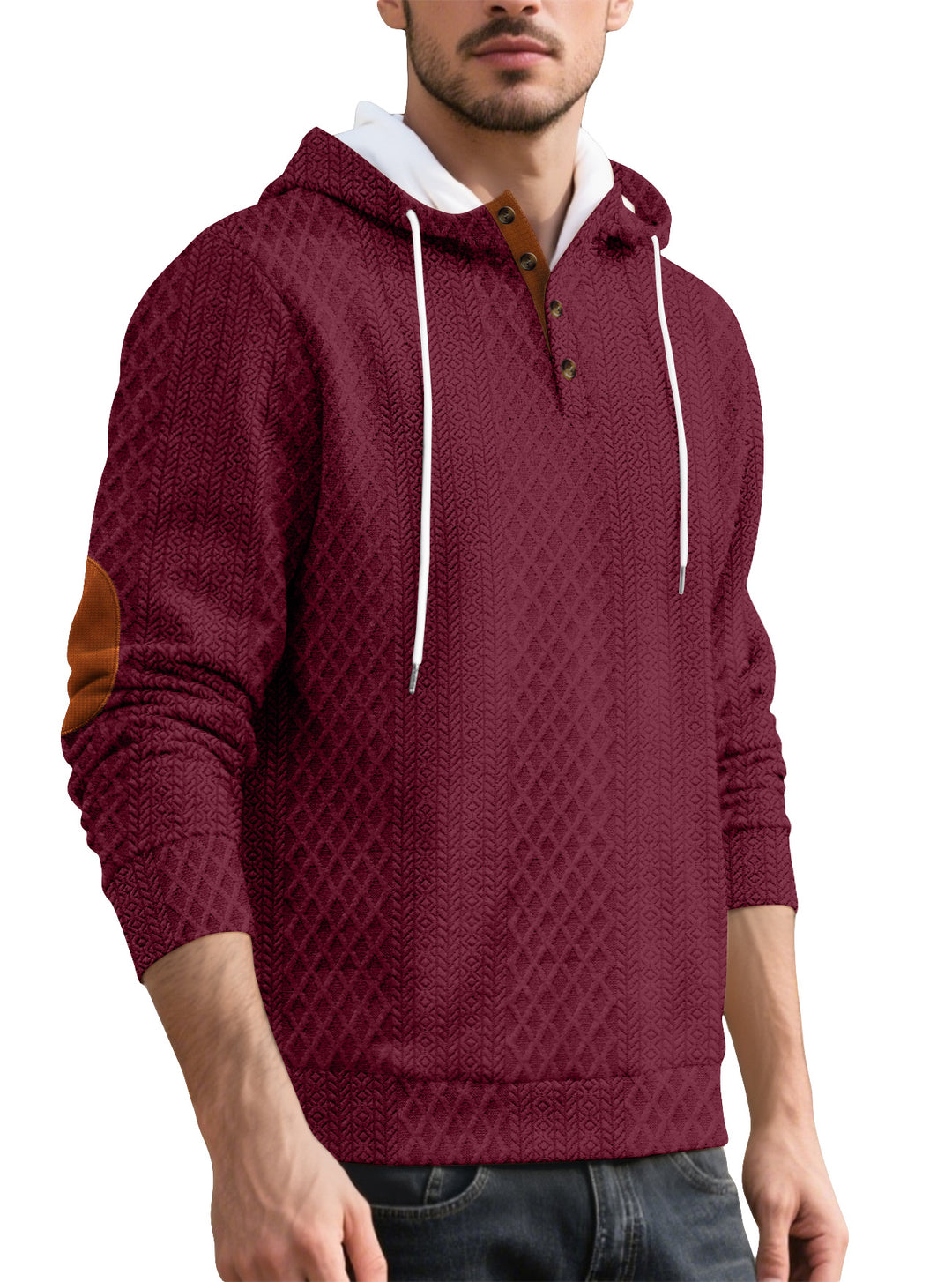 Herren nan Diamond-Struktur Kapuzenpullover mit Kurzknopfleiste, gesteppter Kapuzeninnenkante und Wildleder-Ellbogenpatch Echo Archiv