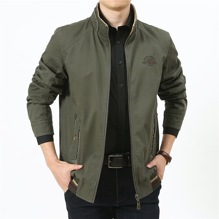 Herren leichte Canvas-Übergangsjacke mit Stehkragen, Reißverschluss und geripptem Saum Echoarchiv