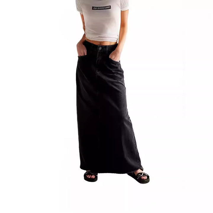 Damen Maxirock aus schwarzem Denim mit seitlichen Taschen und lässigem Schnitt Echo Archiv