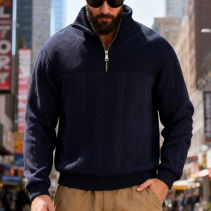 Herren Fleece-Pullover mit halbem Reißverschluss und strukturiertem Muster Echoarchiv