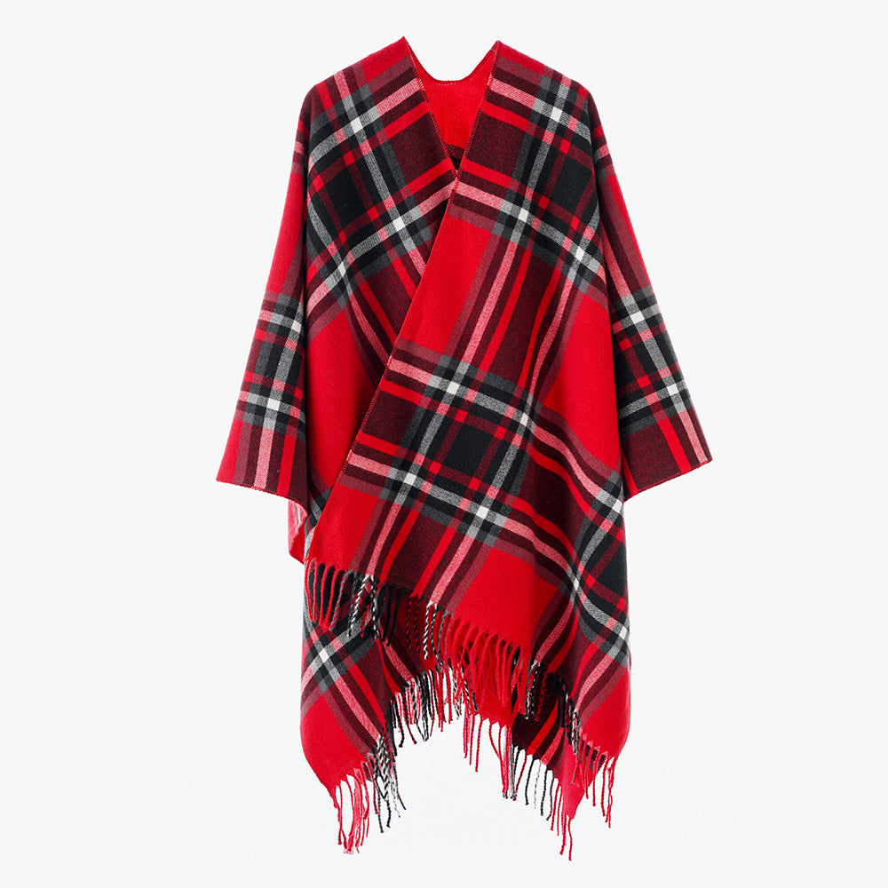 Damen Karierter Oversize-Überwurfponcho mit V-Ausschnitt und Fransensaum – Avérine