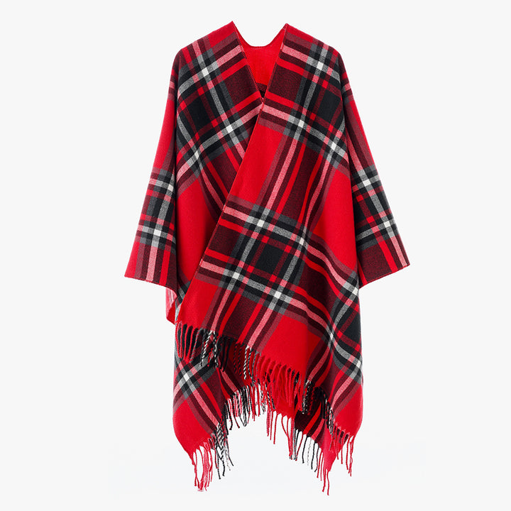 Damen Karierter Oversize-Überwurfponcho mit V-Ausschnitt und Fransensaum – Avérine