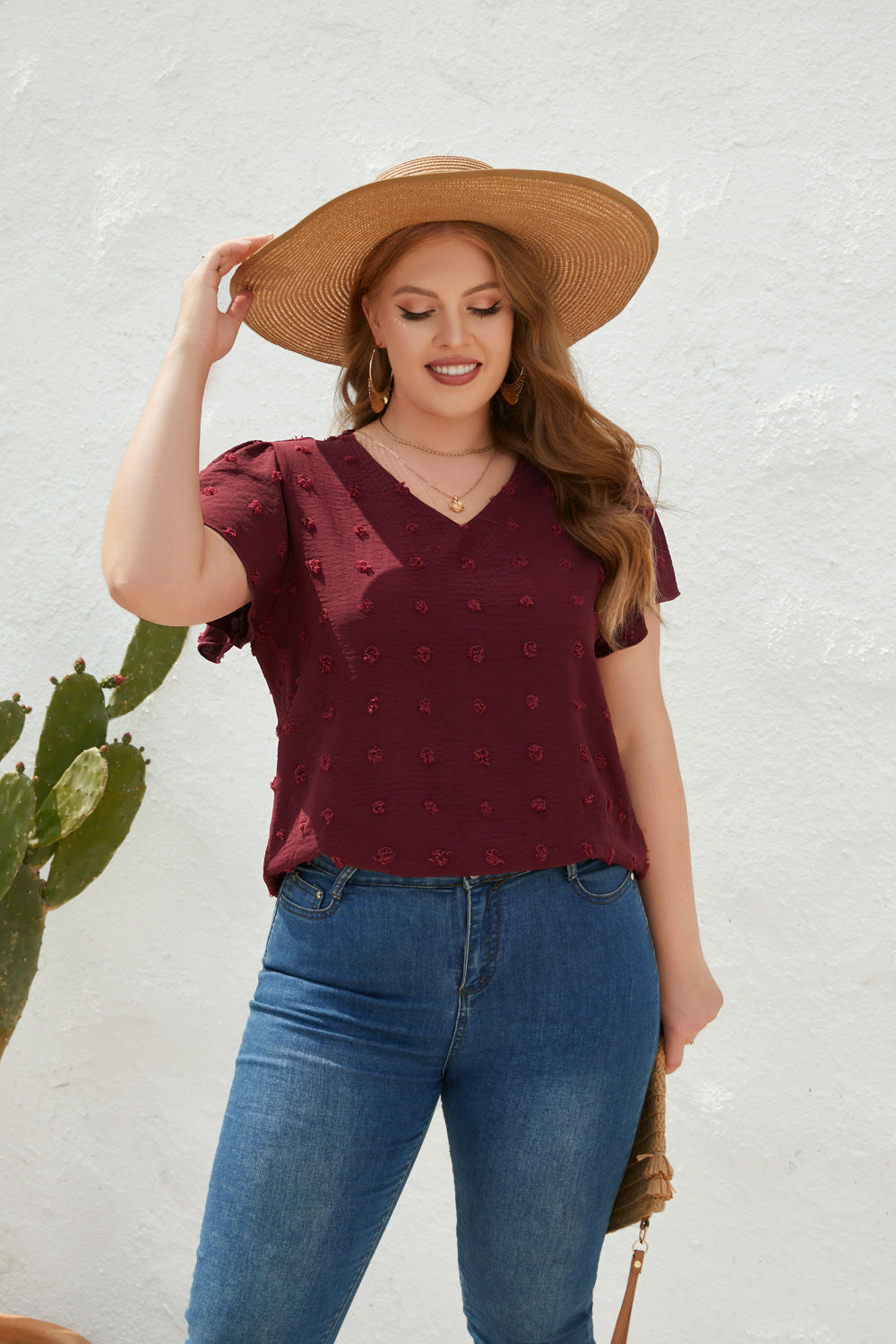 Damen Leichtes V-Ausschnitt T-Shirt mit strukturiertem Design Echo Archiv