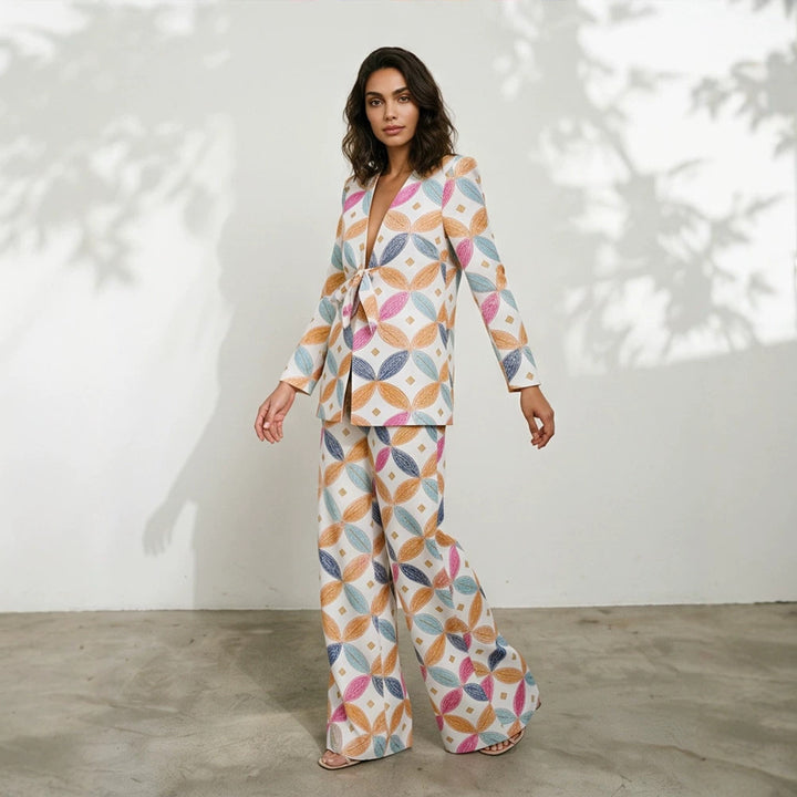 Damen Zweiteiliger Jacquard-Anzug mit Taillenschleife und weitem Bein Echoarchiv