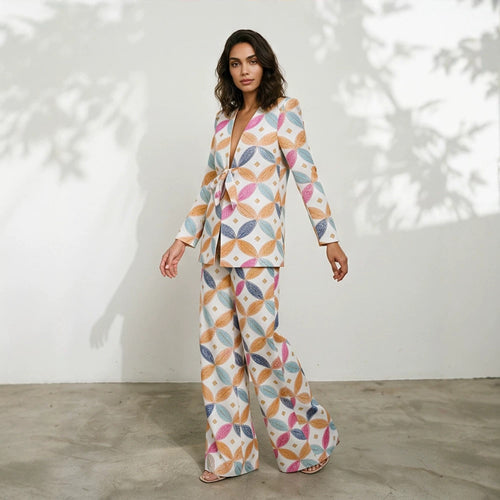 Damen Zweiteiliger Jacquard-Anzug mit Taillenschleife und weitem Bein Echoarchiv