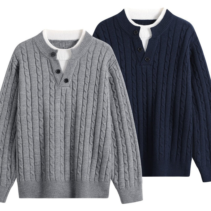 Damen Oversize Zopfstrick-Pullover mit Henley‑Kragen und Kontrastinnenkragen Echoarchiv