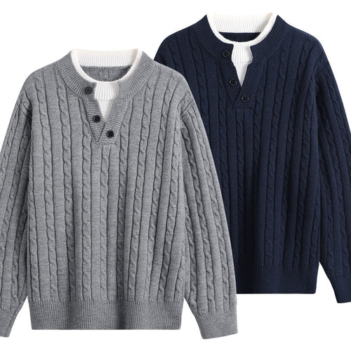 Damen Oversize Zopfstrick-Pullover mit Henley‑Kragen und Kontrastinnenkragen Echoarchiv