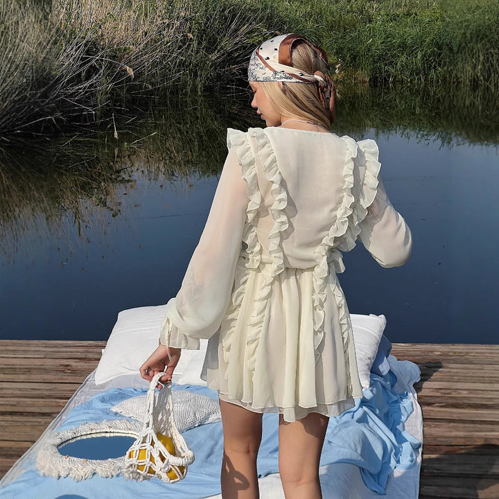 Damen Romantisches Chiffon-Minikleid mit Volants und Schnürdetail Echoarchiv