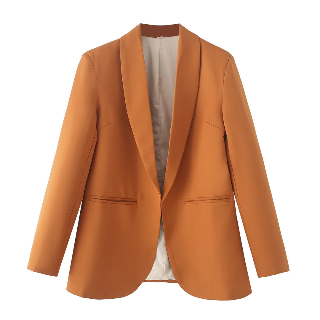 Damen eleganter Longblazer mit Schalkragen, unstrukturiertem Fall und paspelierten Leistentaschen – Valéne