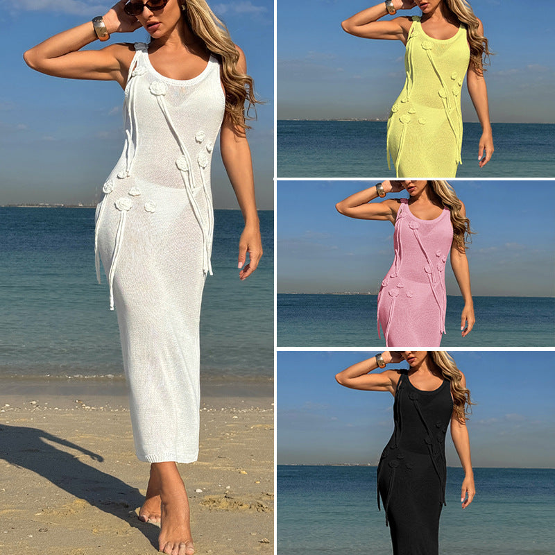 Damen Elegantes Strickkleid mit Blumenapplikationen und seitlichem Bindegürtel Echo Archiv