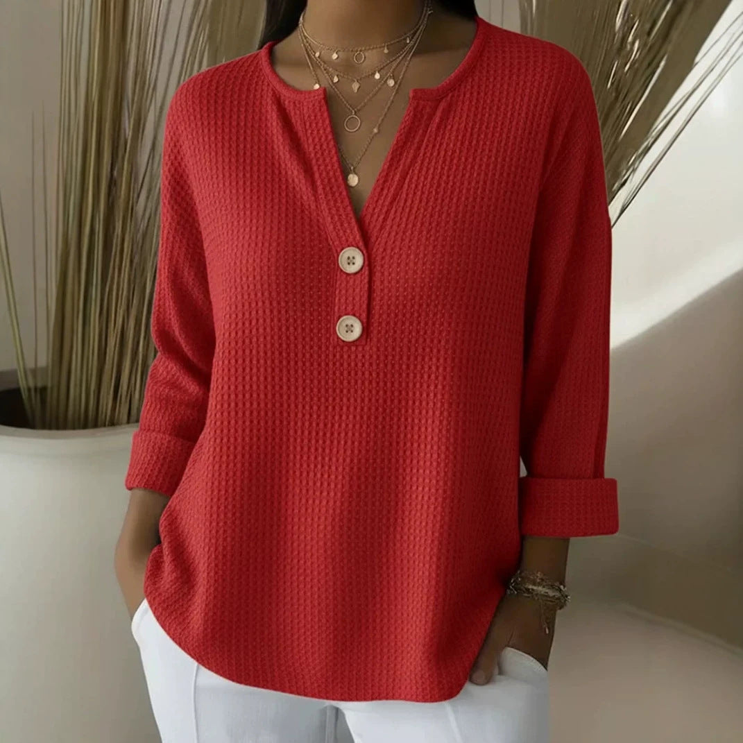 Damen Waffelstruktur Henley-Shirt mit V-Ausschnitt kurze Knopfleiste und krempelbaren 3/4-Ärmeln – Avérine