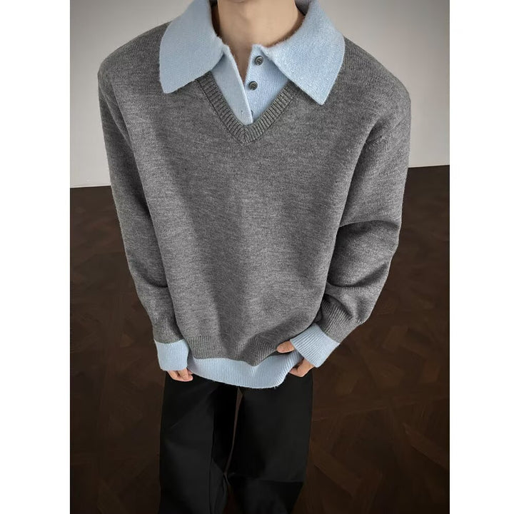 Herren Modischer Strickpullover mit V-Ausschnitt und Kontrastkragen Echoarchiv