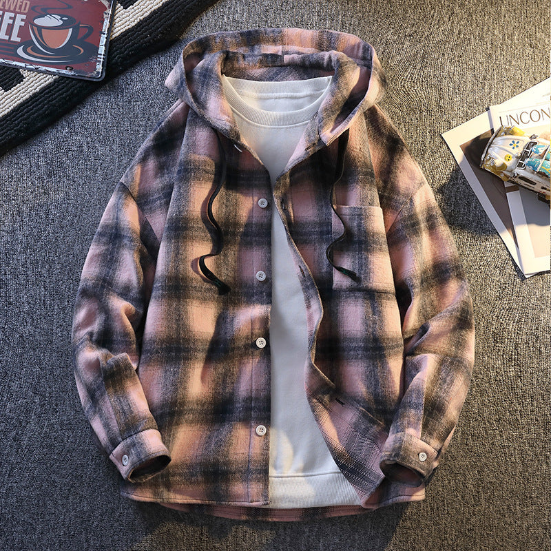 Herren Karierte Flanelljacke mit Kapuze und Knopfverschluss Echoarchiv