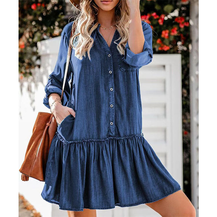 Damen nan locker fallendes Jeans-Hemdkleid mit Volantstufe und aufgesetzten Taschen Echo Archiv