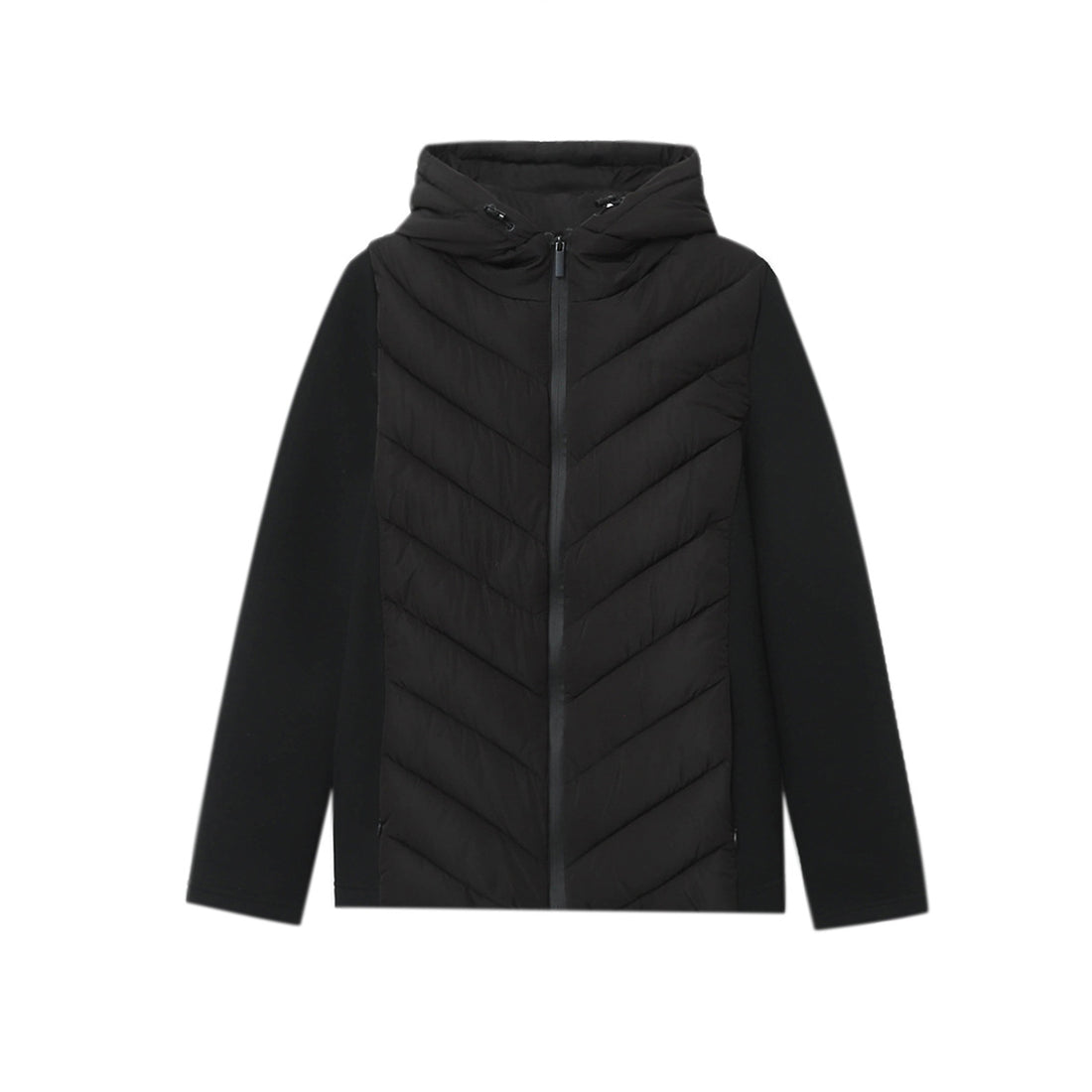 Damen gesteppte Hybridjacke mit Kapuze, chevron-Steppung und elastischen Softshellärmeln – Célinea