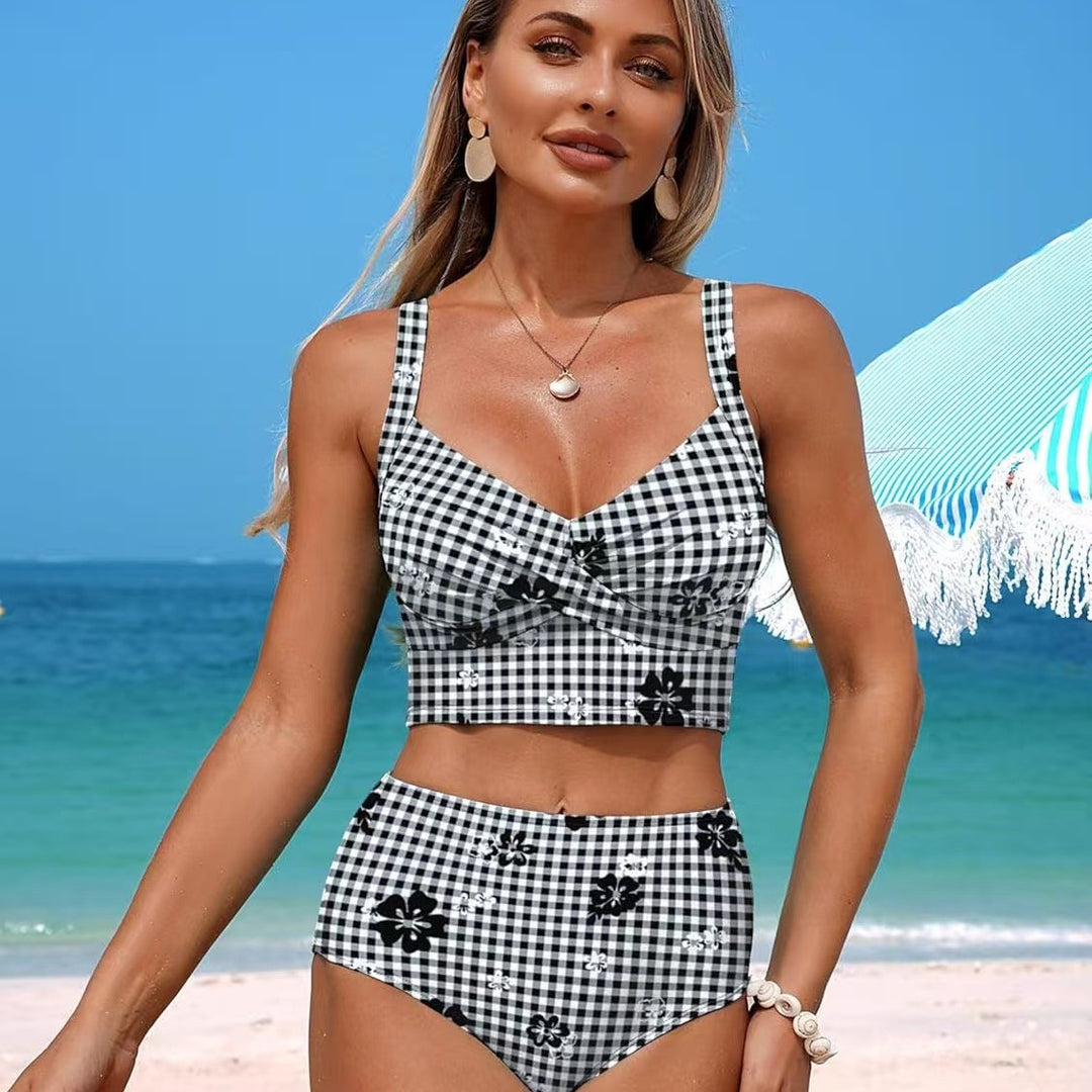 Damen Hochtailliertes Bikini-Set mit modischem Karomuster und Blumenakzenten Echo Archiv