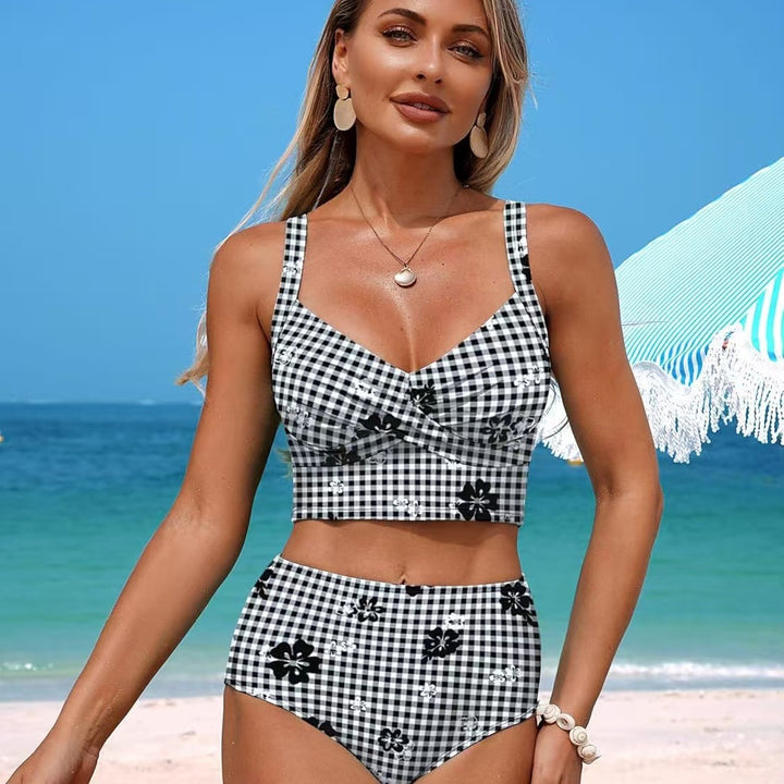 Damen Hochtailliertes Bikini-Set mit modischem Karomuster und Blumenakzenten Echo Archiv