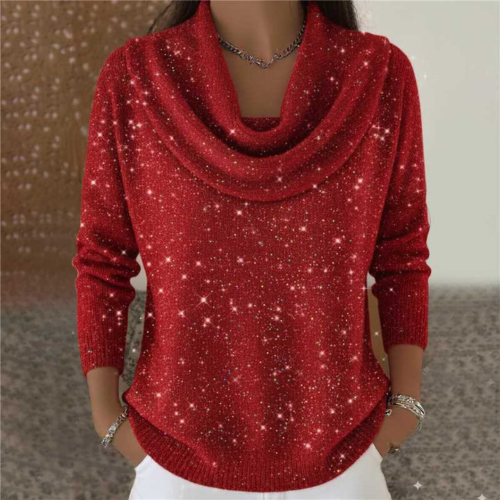 Damen nan schimmernder Strickpullover mit Wasserfallkragen, feiner Glitzerstruktur und schmalem Saum Echo Archiv