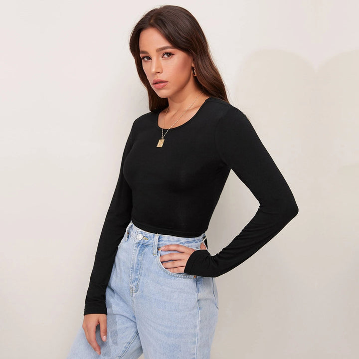 Damen figurbetontes Cropped-Longsleeve mit Sculpting-Passform und Rundhalsausschnitt – Avérine