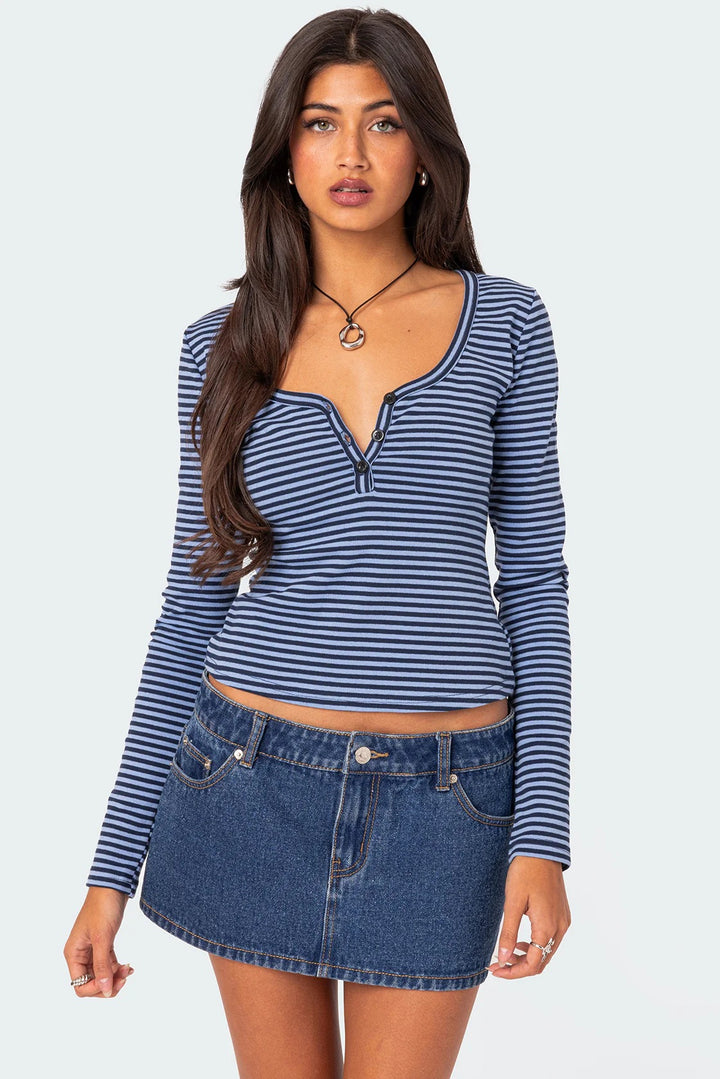 Damen Langarmshirt mit dehnbarem Streifenmuster und figurbetontem Schnitt Echo Archiv