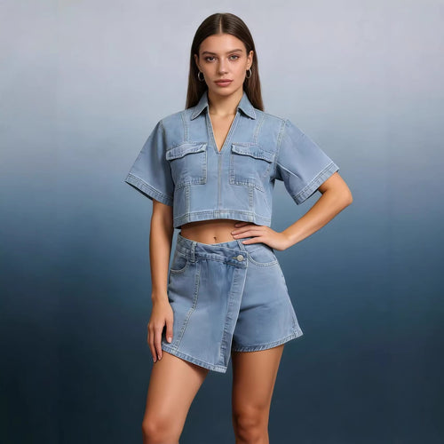 Damen modisches cropped Hemd mit aufgesetzten Taschen und lässigen Shorts Echo Archiv