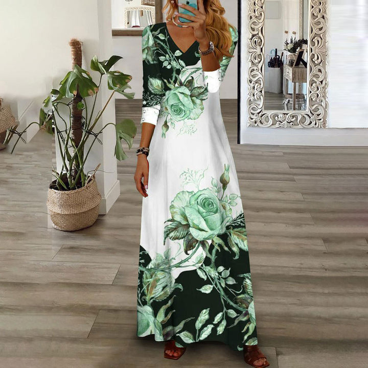 Damen Maxi-Kleid mit V-Ausschnitt, 3/4-Ärmeln und großem Rosendruck Echoarchiv