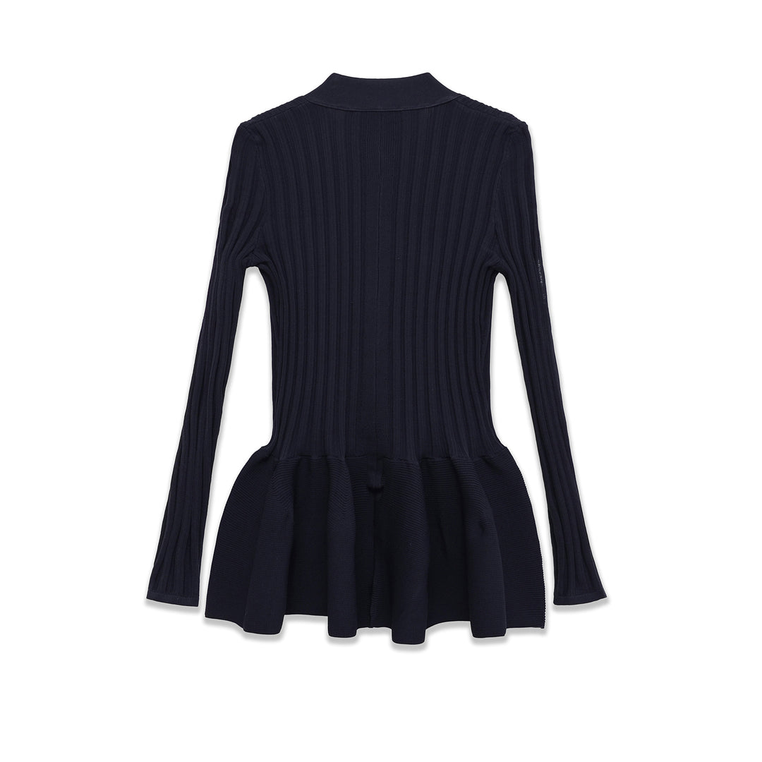 Damen gerippter Strickcardigan mit Schalkragen, tailliertem Volantsaum und Knopfleiste – Veloura