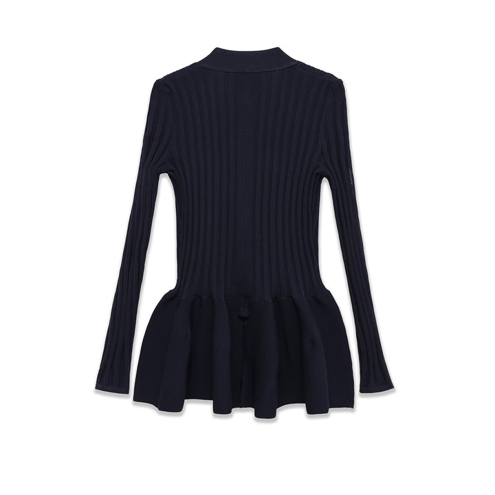 Damen gerippter Strickcardigan mit Schalkragen, tailliertem Volantsaum und Knopfleiste – Veloura