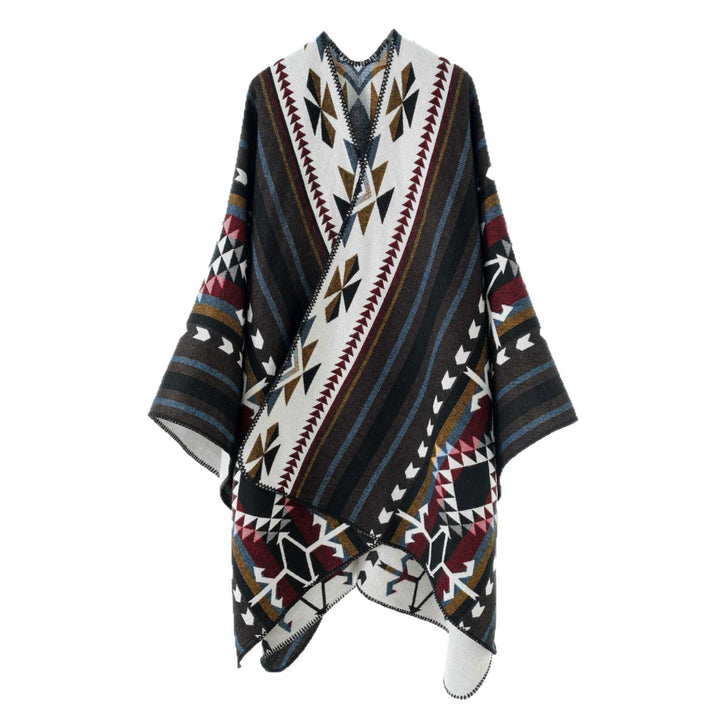 Damen Weicher Jacquard‑Strickponcho mit geometrischem Muster und Ziernaht Echo Archiv
