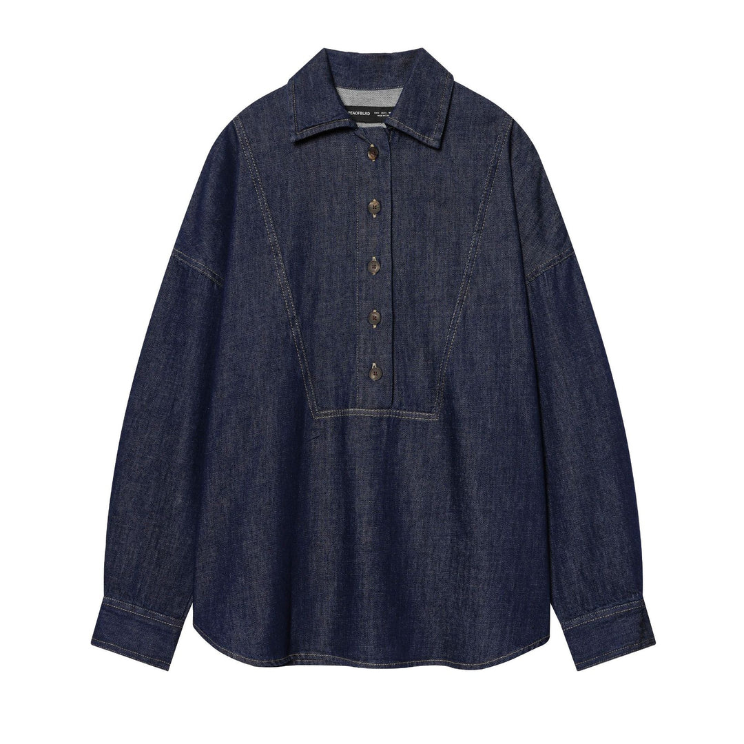 Damen Oversize-Denimbluse mit verdeckter Knopfleiste, markanten Teilungsnähten und kastiger Silhouette – Maréline