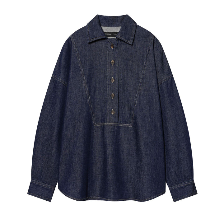 Damen Oversize-Denimbluse mit verdeckter Knopfleiste, markanten Teilungsnähten und kastiger Silhouette – Maréline