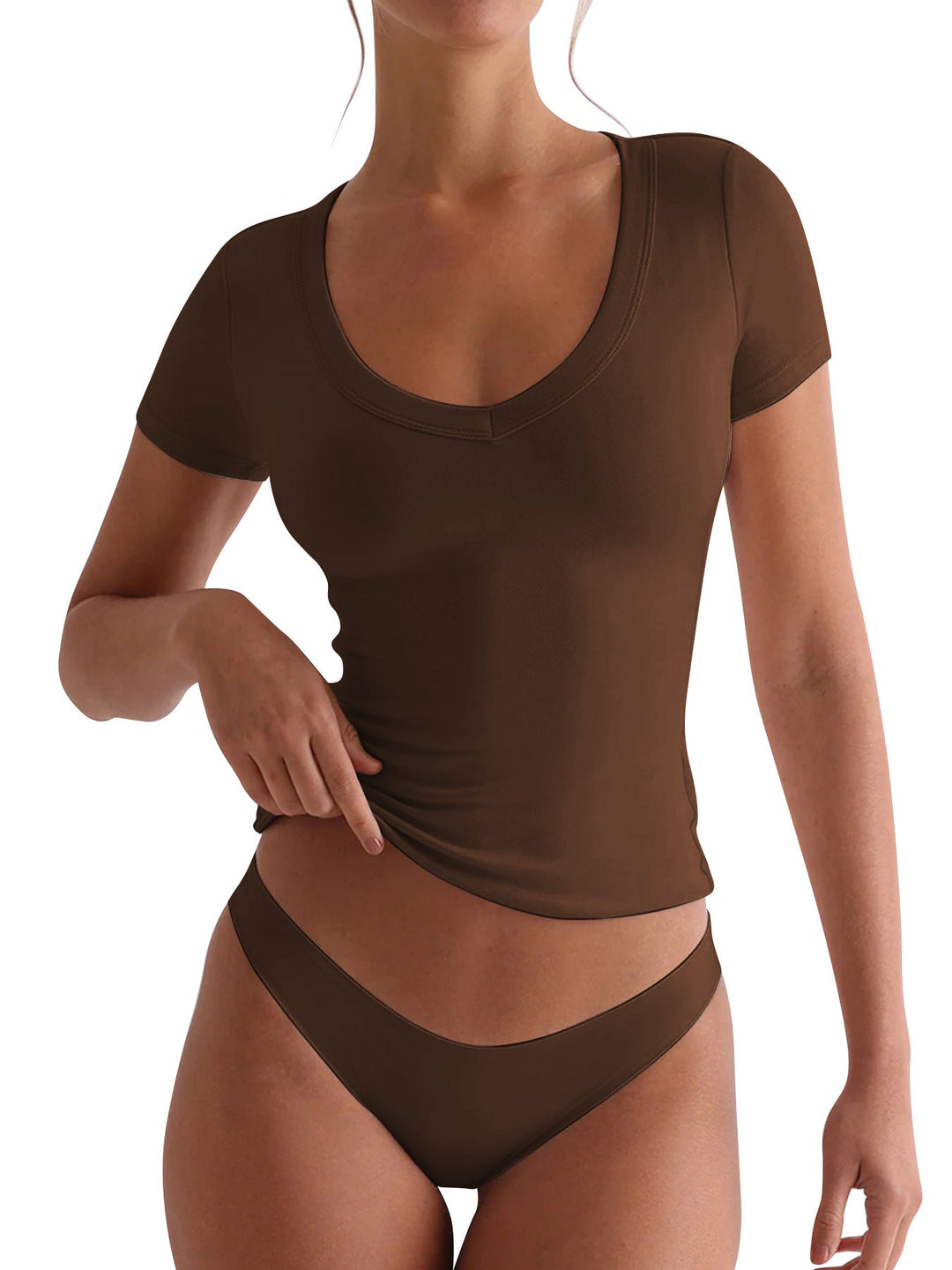 Damen figurbetontes V-Neck T-Shirt mit kurzen Ärmeln Echoarchiv
