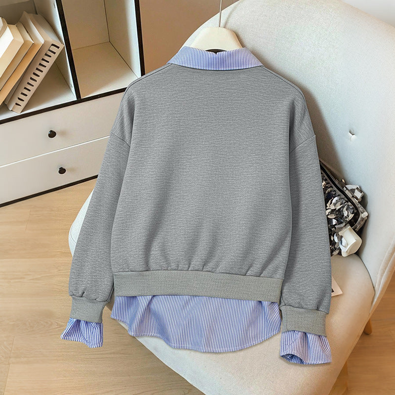 Damen Lagen-Look Sweatshirt mit eingearbeitetem Hemdsaum und Rüschenmanschetten Echoarchiv