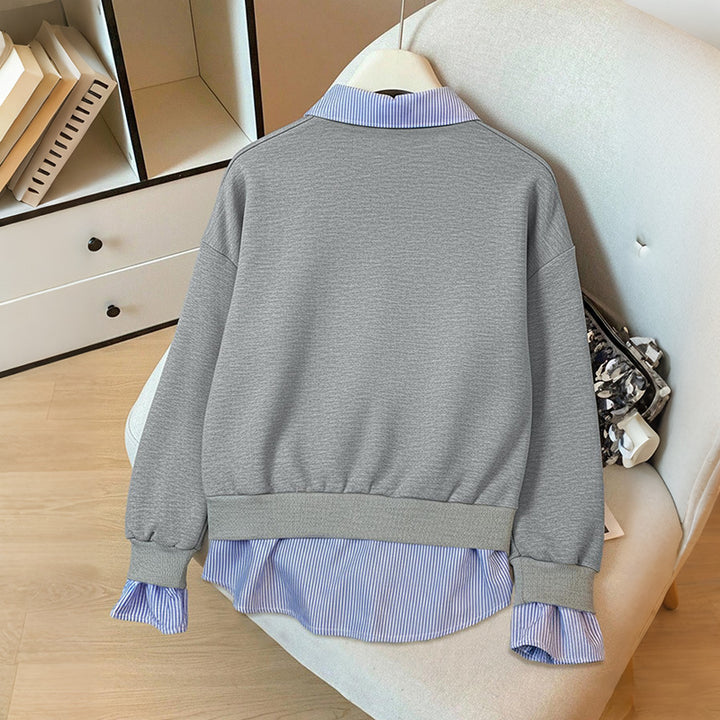 Damen Lagen-Look Sweatshirt mit eingearbeitetem Hemdsaum und Rüschenmanschetten Echoarchiv