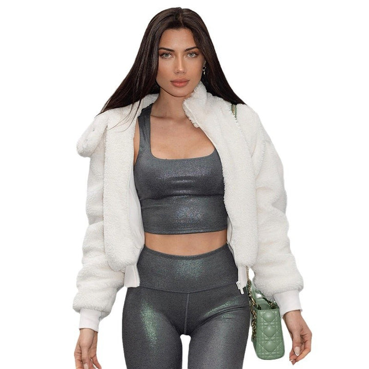 Damen nan gefütterte Teddy-Fleece-Hoodie-Jacke mit Kapuze, kurzem Schnitt und elastischem Rippenbund Echo Archiv
