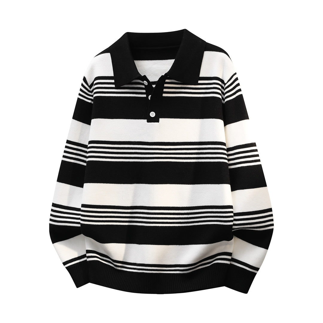 Damen Oversize Langarm-Polo-Strickpullover mit Retro-Streifen und Brustknopfleiste Echoarchiv