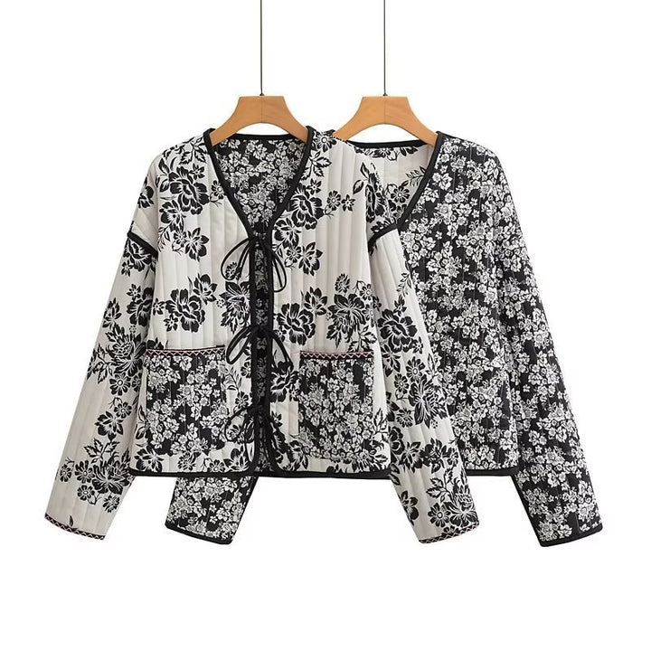 Damen Gestepptes Kurzblouson mit floralem Allover-Print und Bindeschleifen Echo Archiv