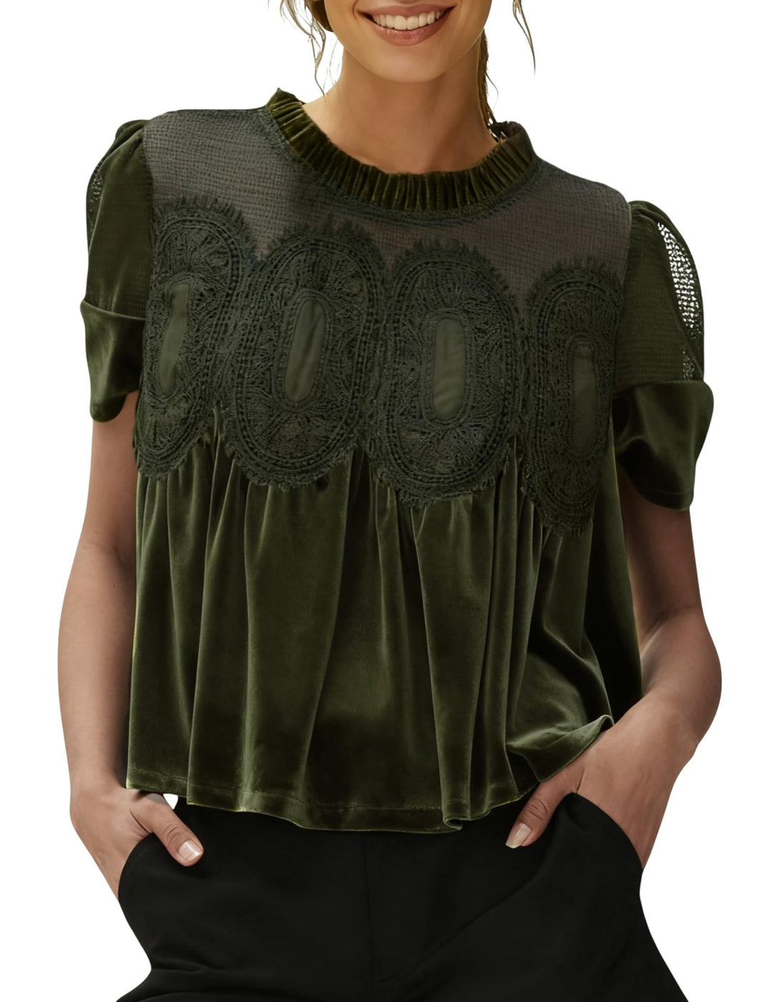 Damen Samtbluse mit Spitzenbesatz, transparentem Einsatz und geraffter A-Linie – Élovi