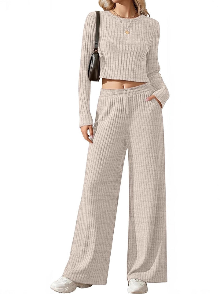 Damen Geripptes Feinstrick-Lounge-Set mit Cropped Langarmtop und High-Waist Palazzohose Echoarchiv
