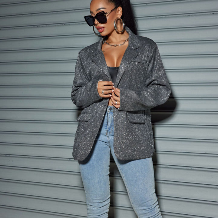 Damen Glitzernder Oversize-Blazer mit Pattentaschen & schimmernder Struktur Echoarchiv