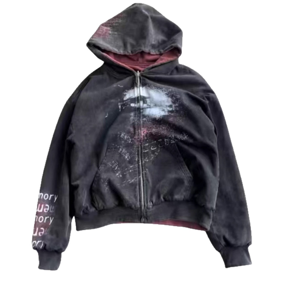 Unisex nan Kapuzenjacke mit durchgehendem Reißverschluss, Used‑Effekt, doppellagiger Kapuze und Ärmeldruck Echo Archiv