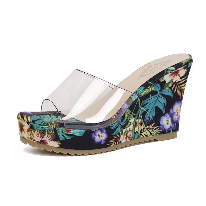 Damen nan PVC-Riemen Keilpantoletten mit floral bedruckter Keilsohle und ergonomischem Komfortfußbett Echo Archiv