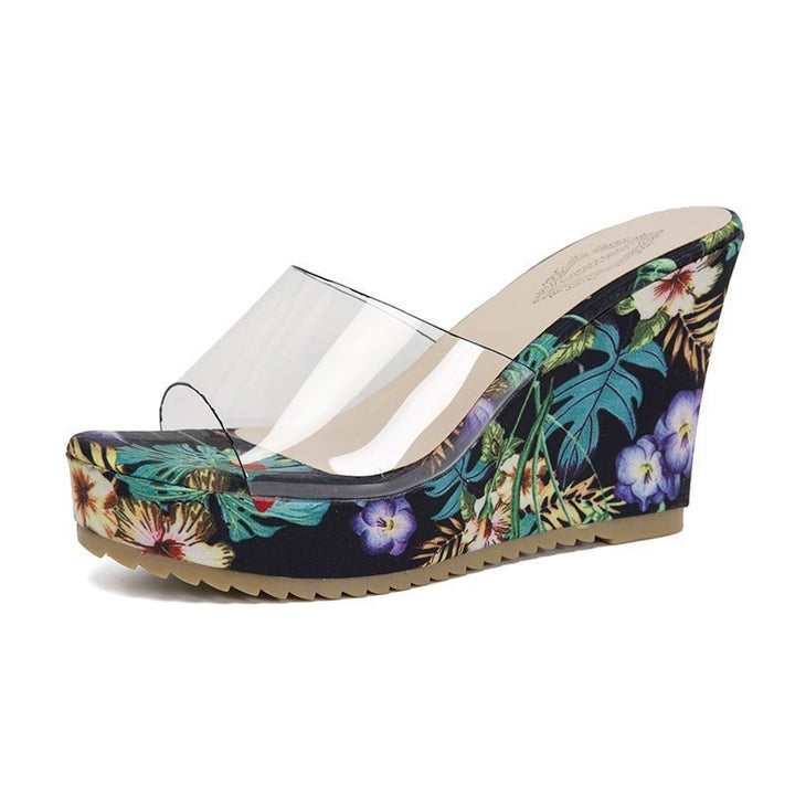 Damen nan PVC-Riemen Keilpantoletten mit floral bedruckter Keilsohle und ergonomischem Komfortfußbett Echo Archiv