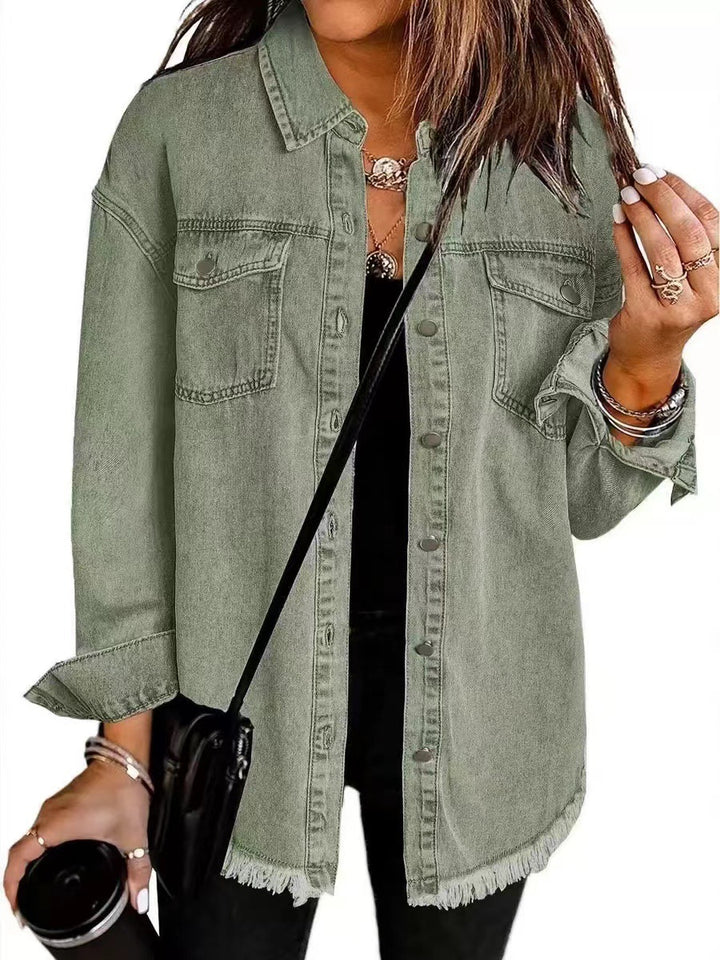 Damen Oversize Jeanshemdjacke mit Fransensaum Echoarchiv