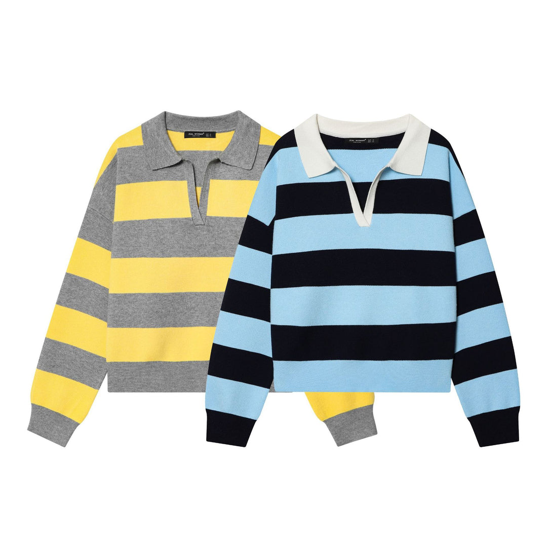 Damen nan gestreifter Rugby-Pullover mit Polokragen, V-Ausschnitt und kastiger Oversize-Silhouette Echo Archiv
