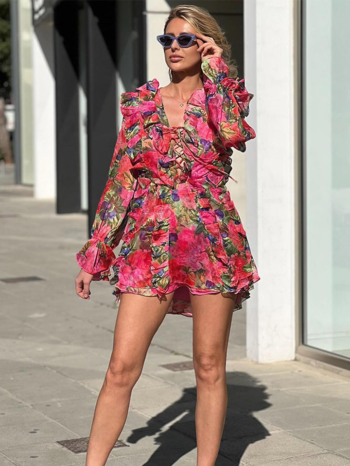 Damen Florales Chiffon-Minikleid mit Schnürkorsett, Volants und ausgestellten Ärmeln Echoarchiv